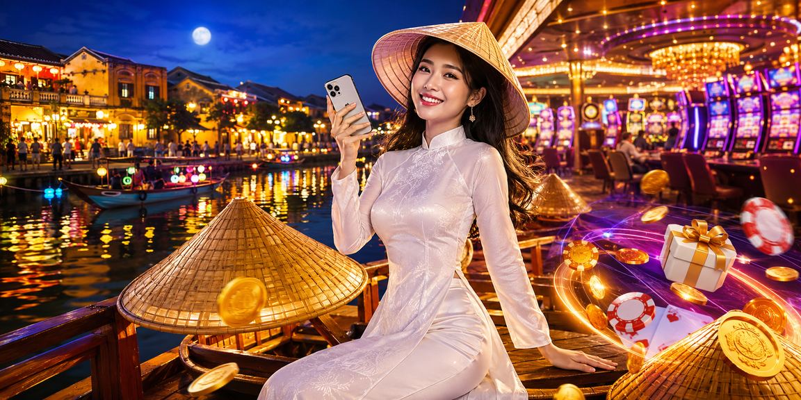 Người dùng Hội An mặc áo dài trải nghiệm casino và giải trí trực tuyến trên điện thoại di động